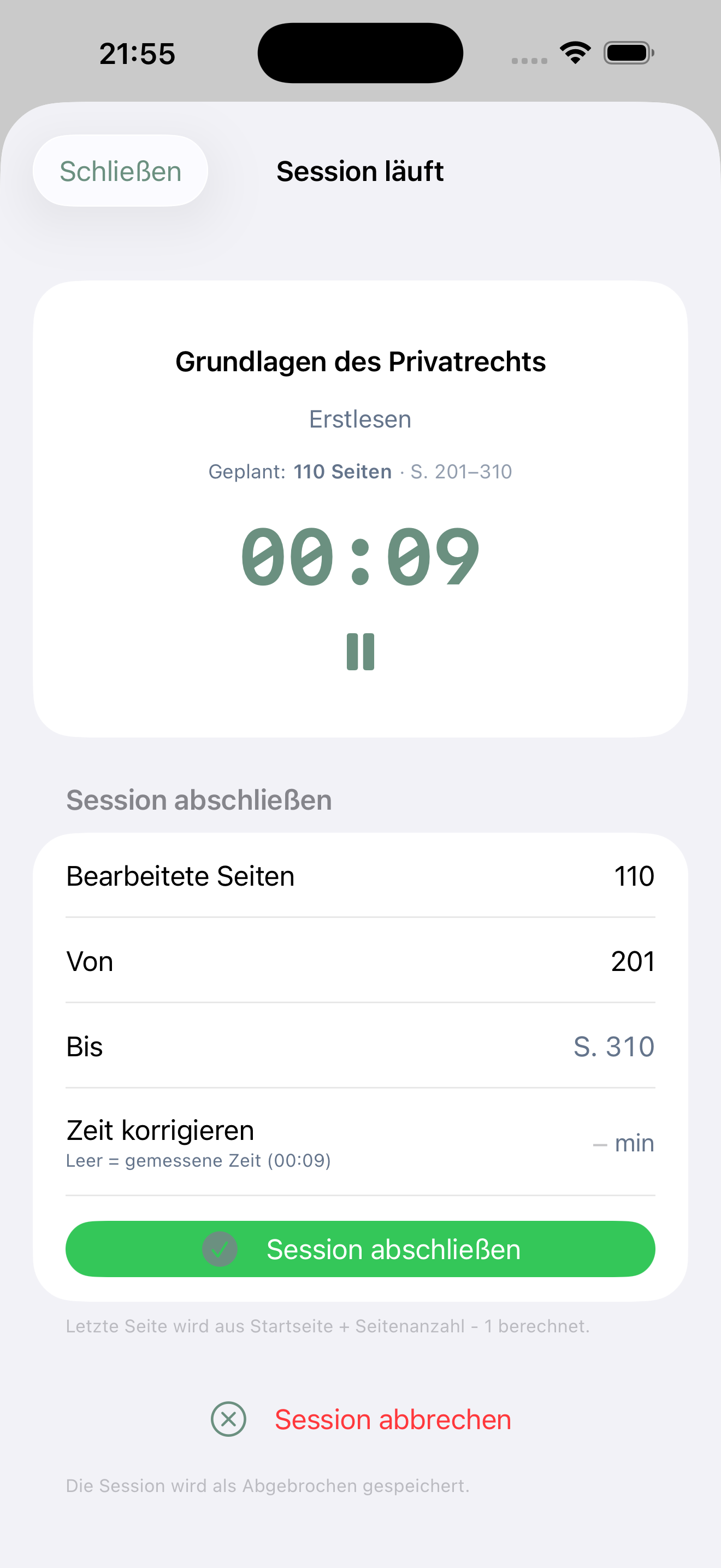 Live-Timer während einer Lernsession
