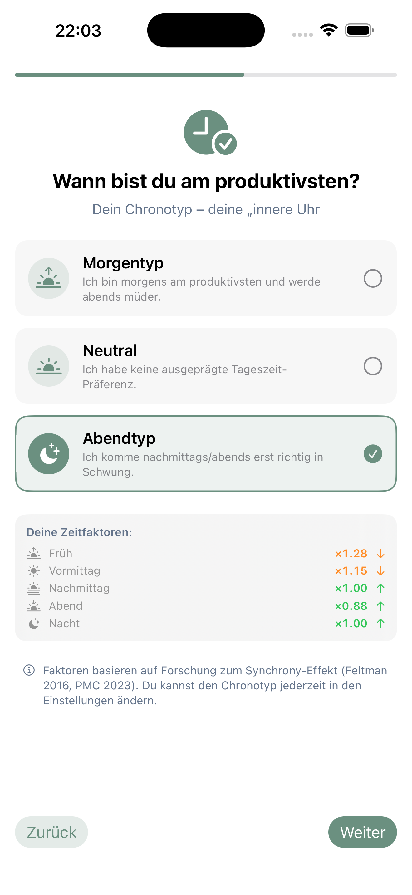 Chronotyp-Auswahl im Onboarding