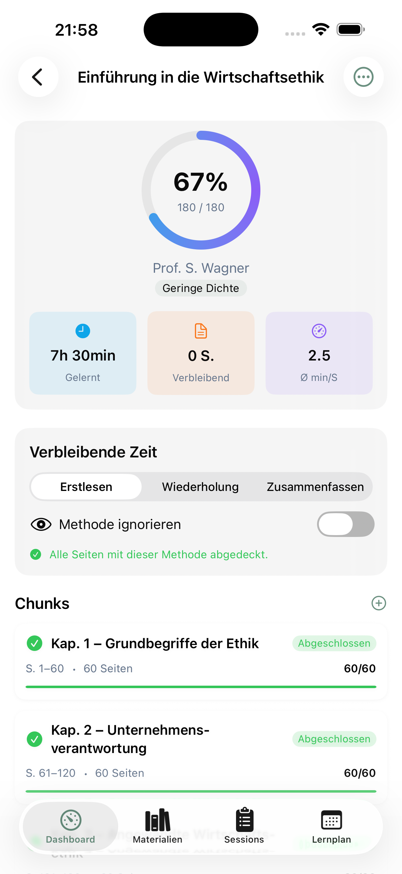 Lernmaterial-Detailansicht mit Fortschritt und Chunks