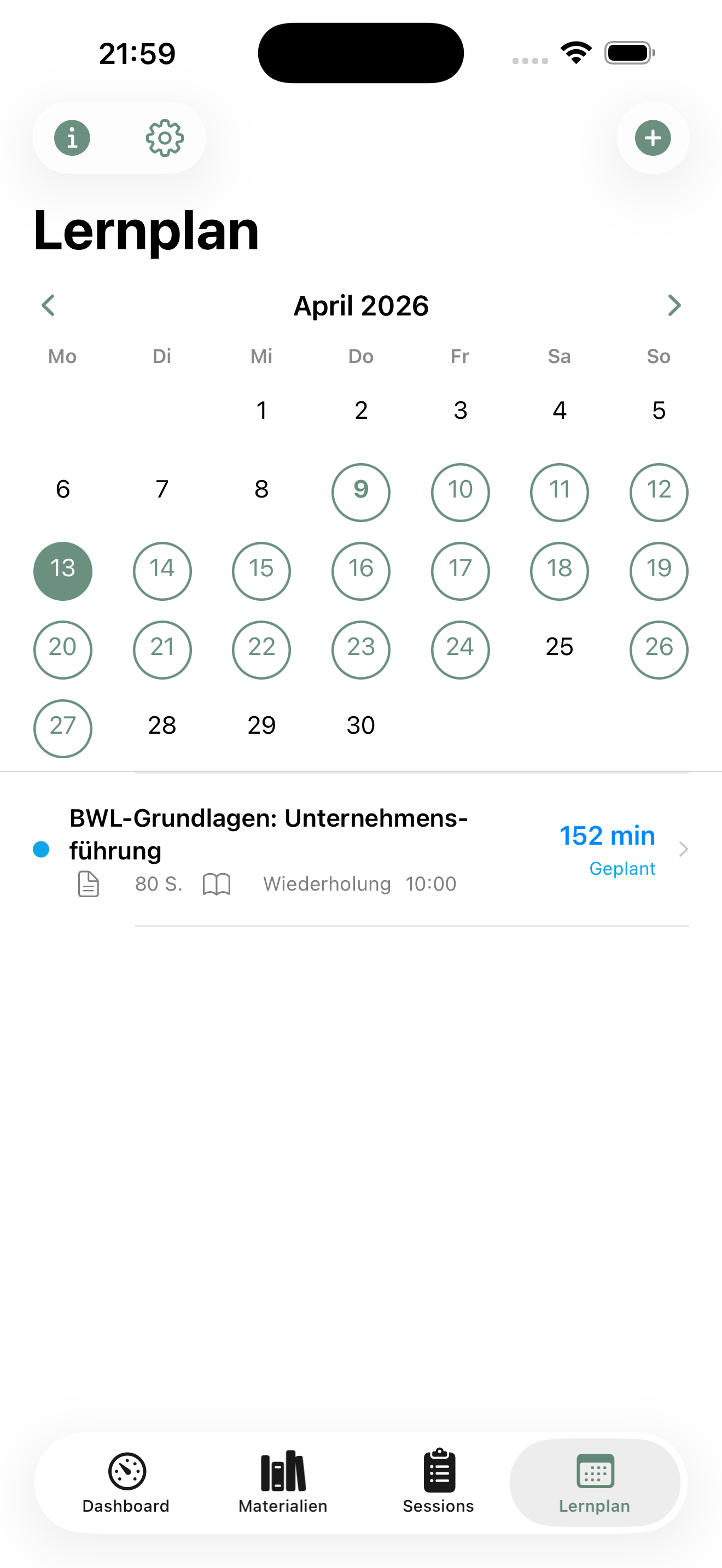 Monatskalender mit geplanten Sessions