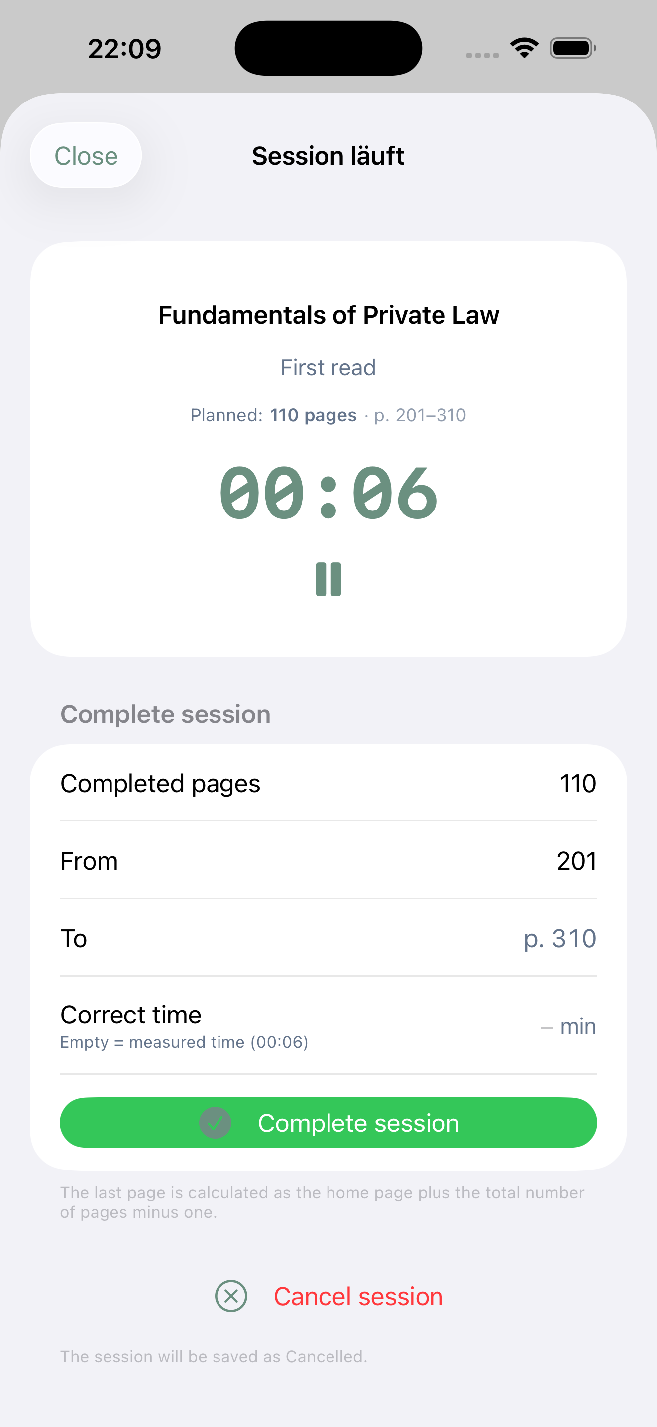 Live timer during a study session