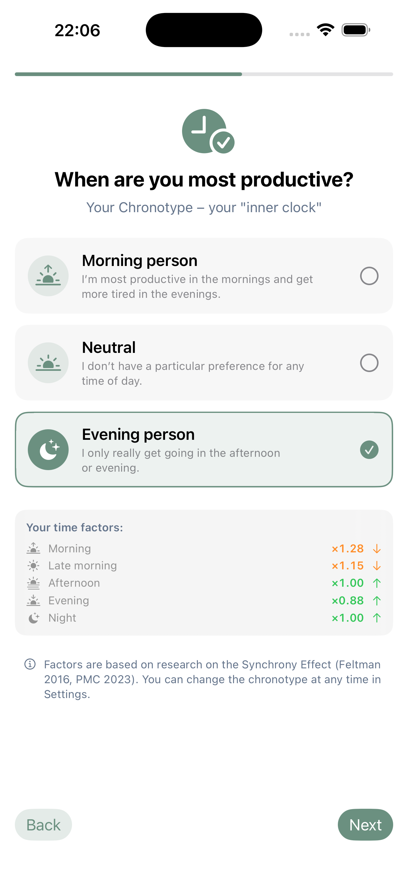 Chronotype selection during onboarding