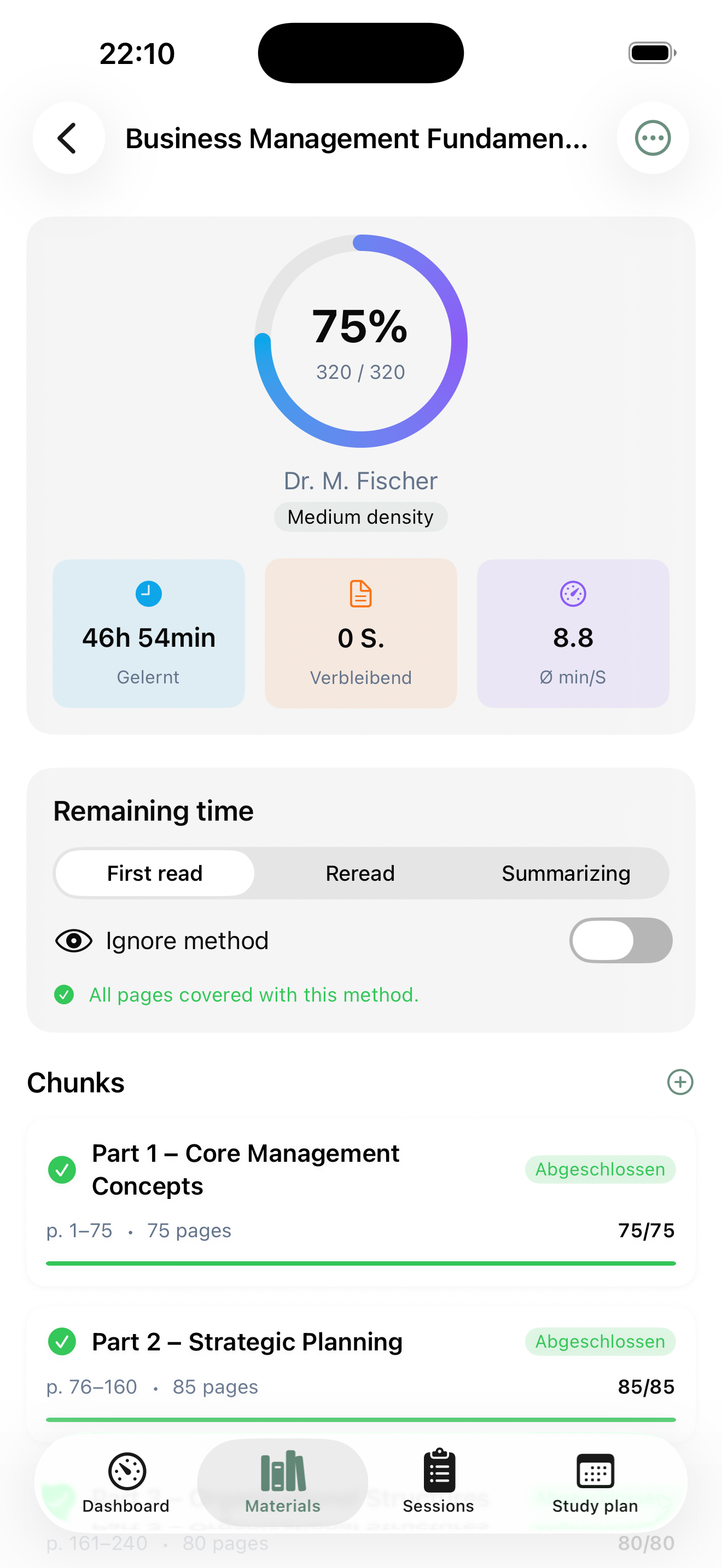 Study material detail view with progress and chunks