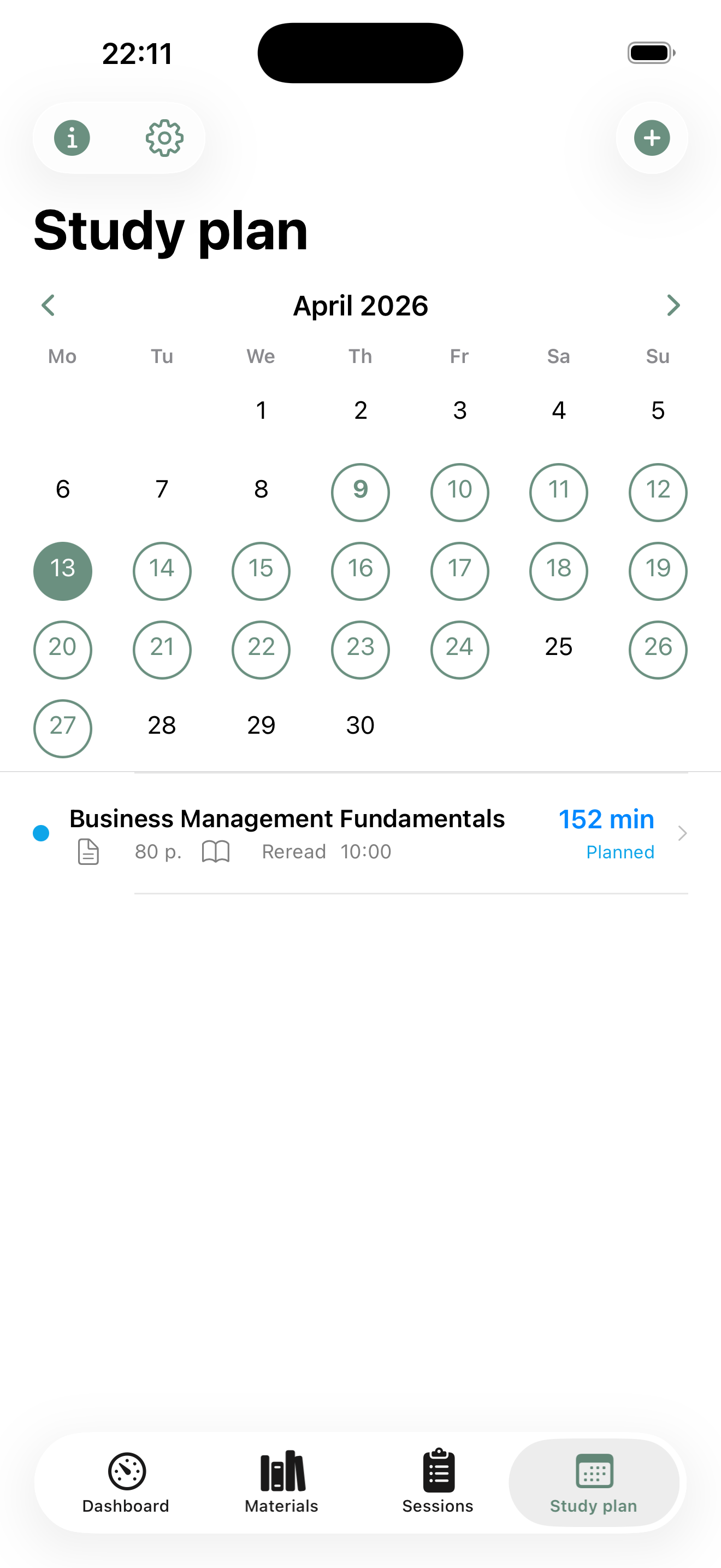 Monthly calendar with planned sessions